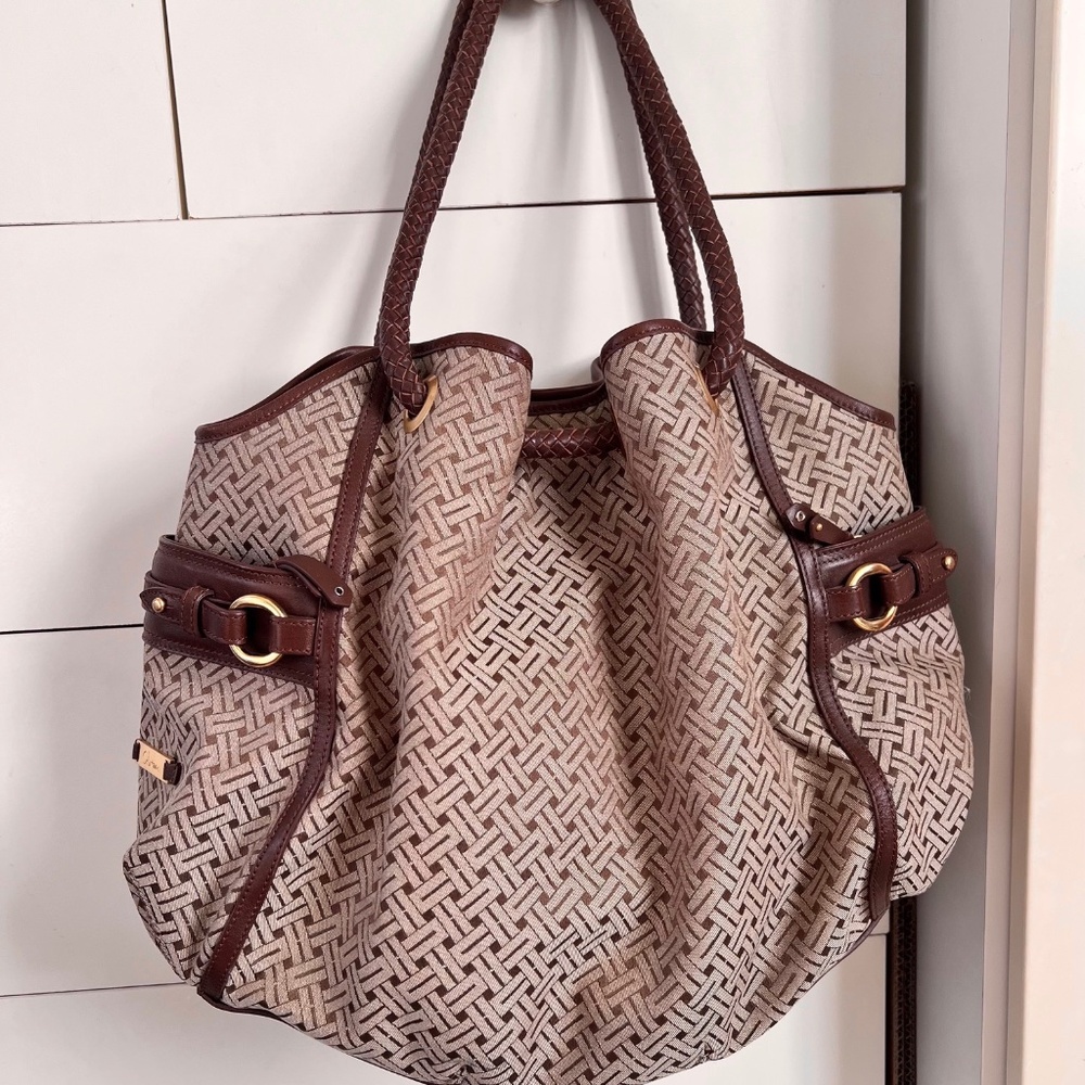 Cole Haan Brown Genevieve Weave Pattern Canvas Leather Tote Shoulder Bag